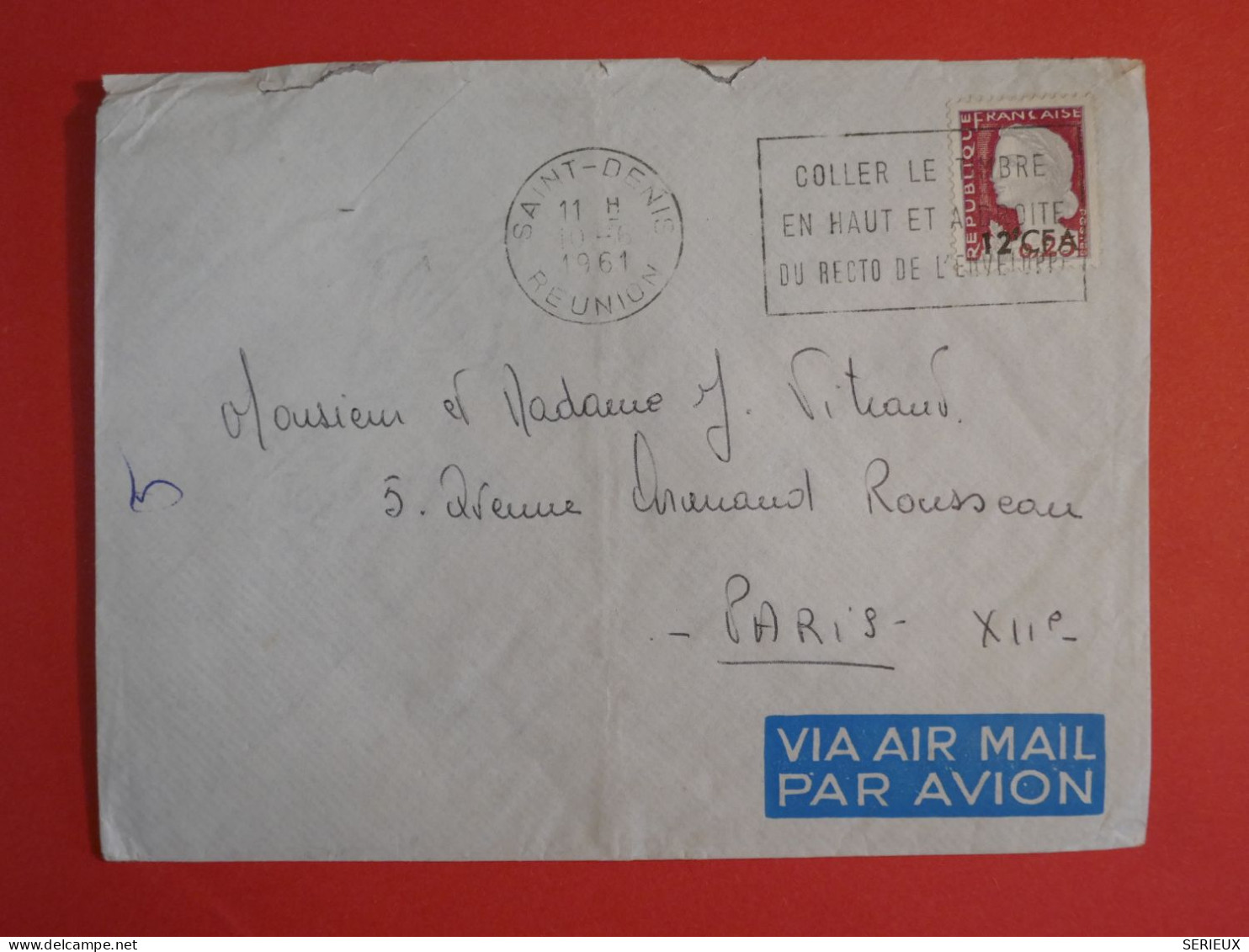 BX5  LA REUNION  BELLE   LETTRE   1961 ST DENIS A PARIS FRANCE +SURCHARGE CFA  +AFF. PLAISANT++++++ - Covers & Documents