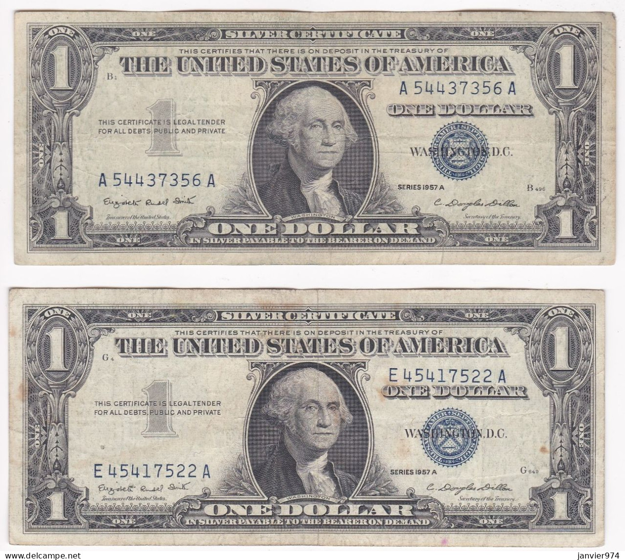 2 Billets De 1 Dollar 1957 Série A, Circulés - Certificaten Van Zilver (1928-1957)