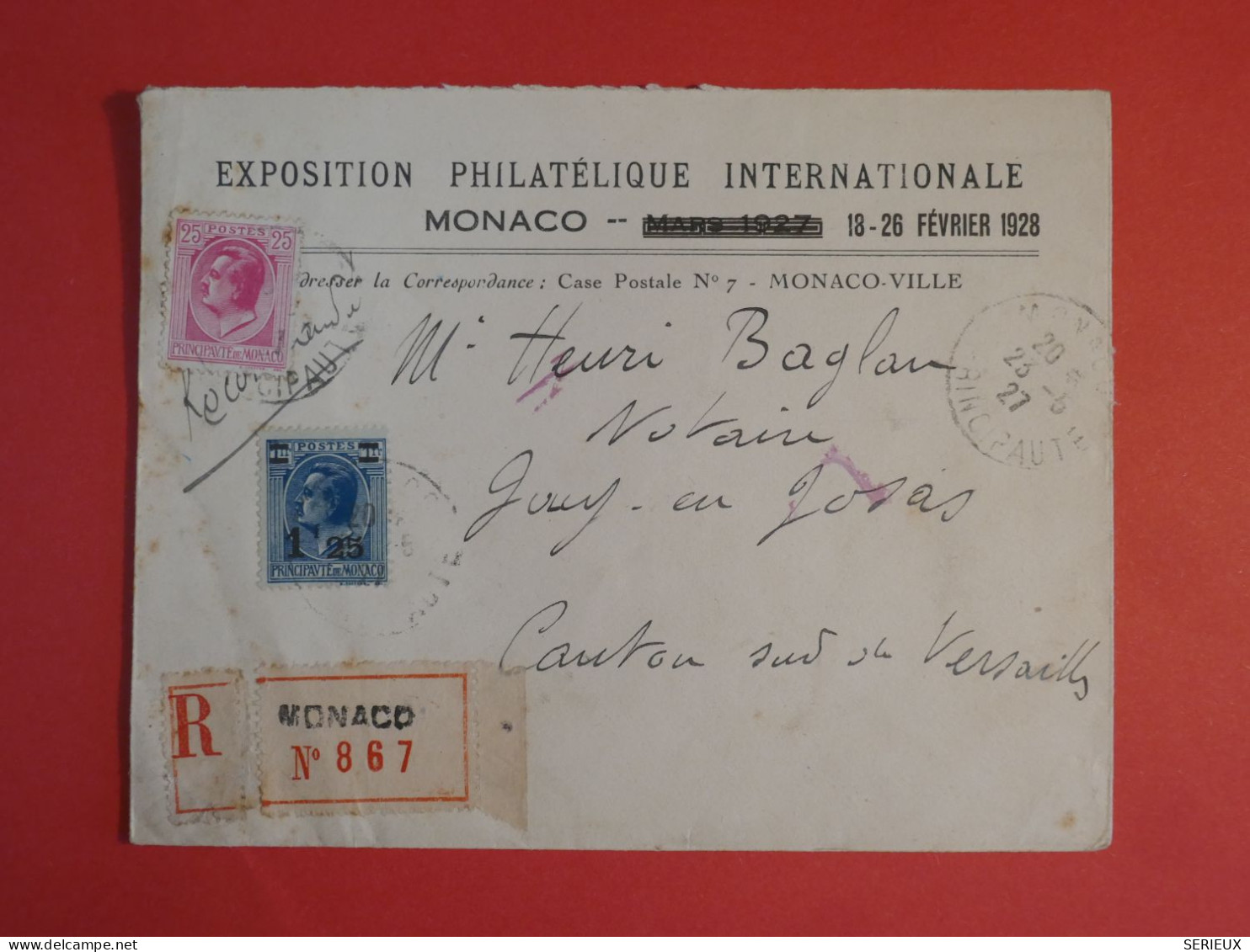 BX5 MONACO  BELLE LETTRE RECO. EXPO PHILATELIQUE 1928  MONTE CARLO A  JOUY VERSAILLES FRANCE ++++AFF. INTERESSANT +++ + - Briefe U. Dokumente