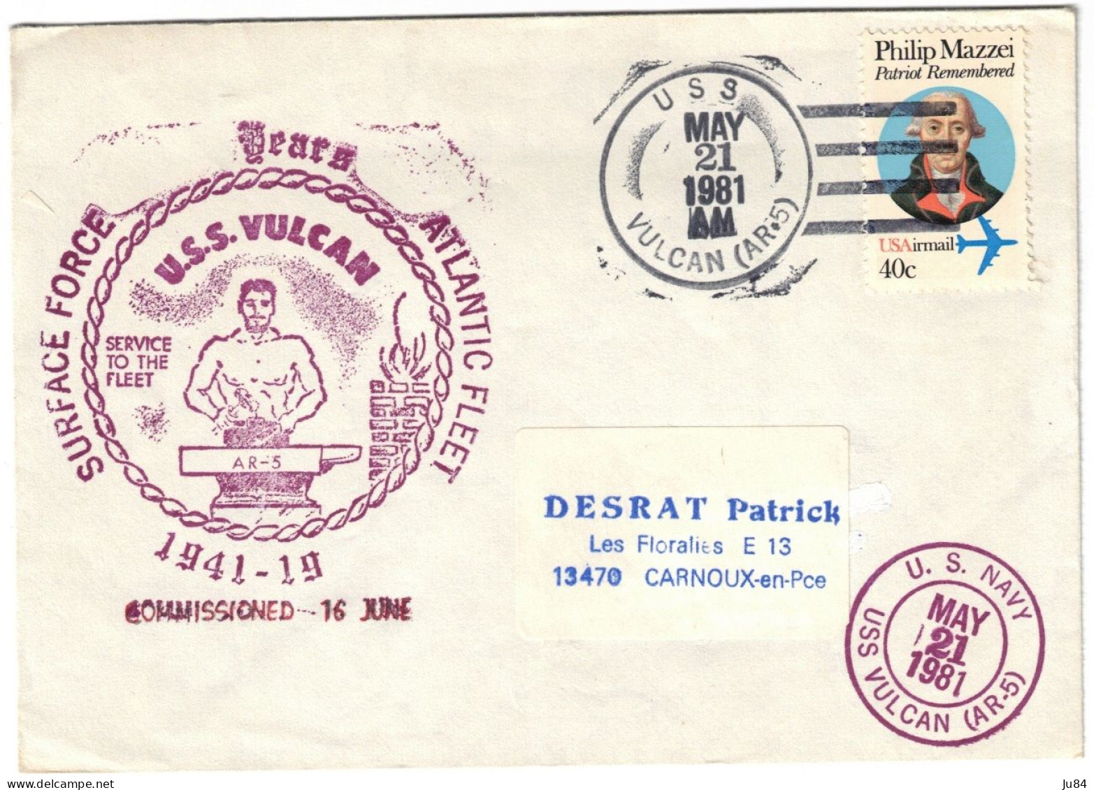 USA - USS Vulcan - Surface Force Atlantic Fleet - U.S. Navy - Lettre Pour Carnoux En Provence (France) - 1981 - Storia Postale