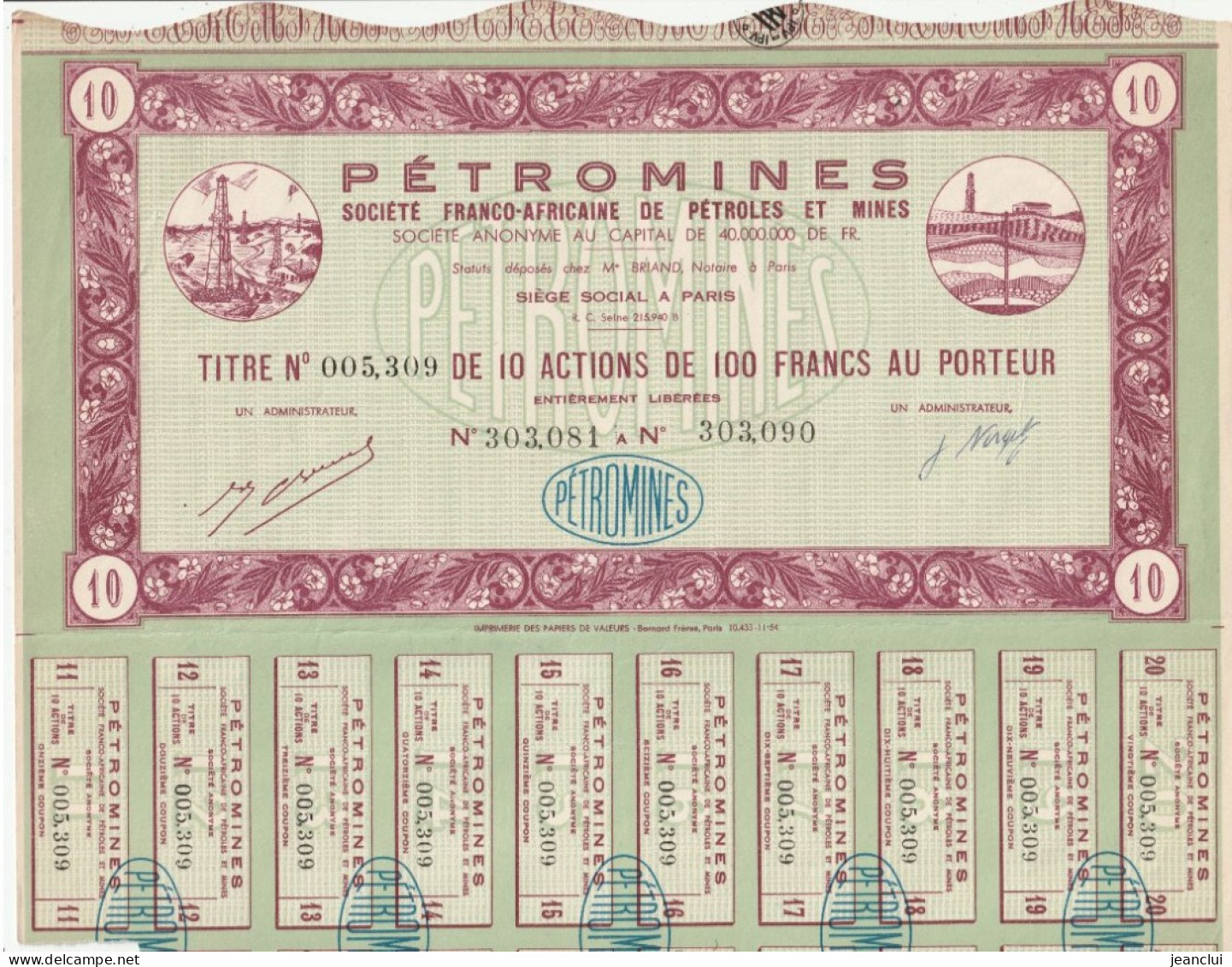 PETROMINES SOCIETE FRANCO-AFRICAINE DE PETROLE ET MINES  - 10 ACTIONS DE 100 FRANCS AU PORTEUR . AVEC 19 COUPONS SUR 20 - Afrika