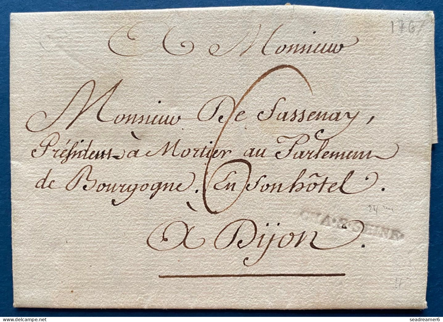 Lettre De 1767 De Voulaines Marque à Sec " CHA.S.SEINE " De CHATILLON SUR SEINE Pour Dijon SUPERBE & RRR - ....-1700: Precursori