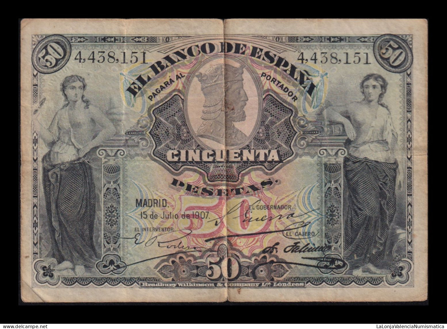 España Spain 50 Pesetas Alegorías 1907 Pick 63a Mbc Vf - 50 Peseten