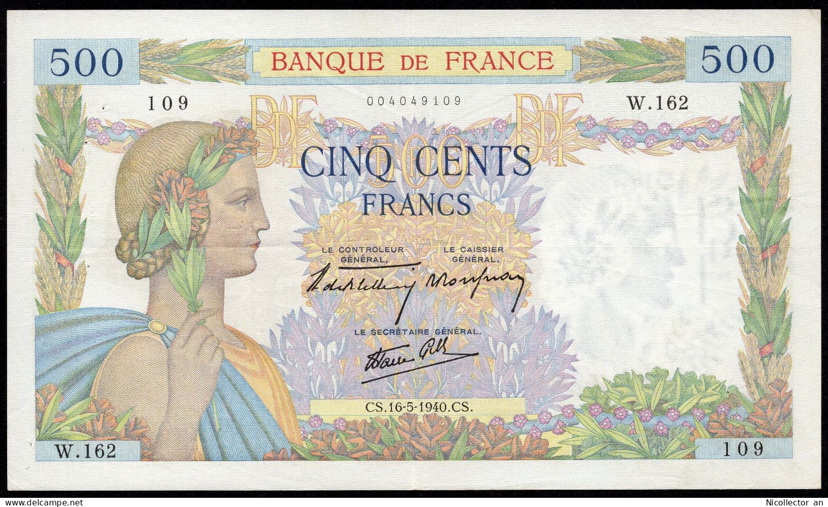 France, 500  Francs 1940 La Paix XF+ Banknote - 500 F 1940-1944 ''La Paix''