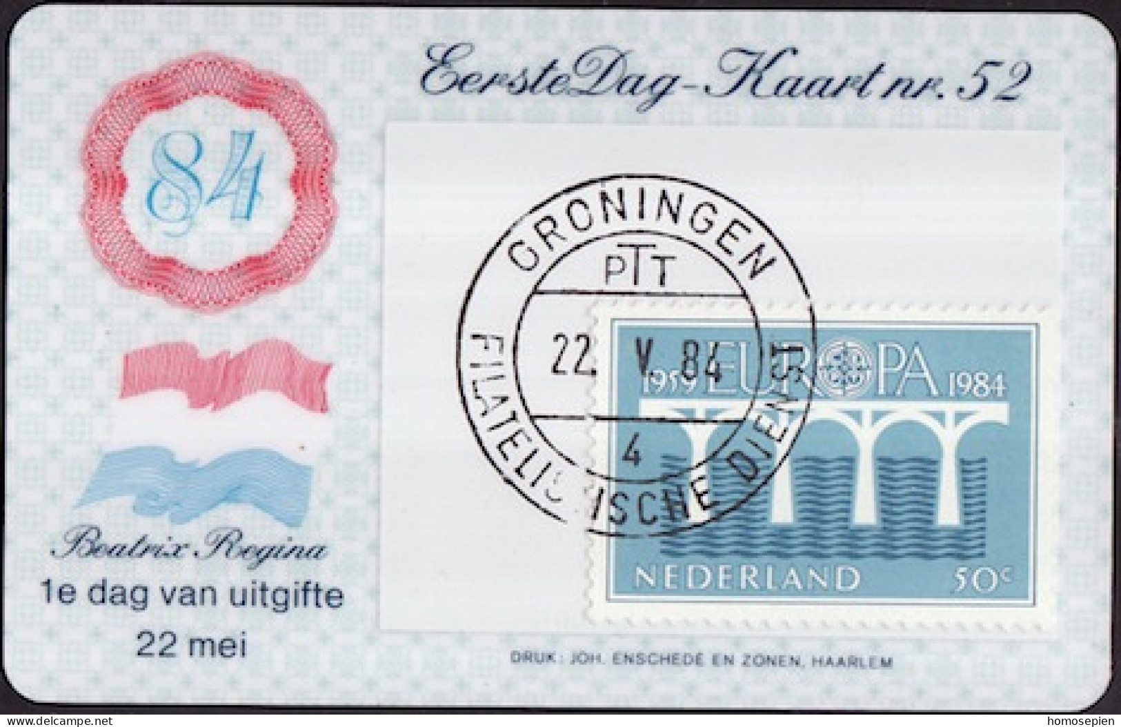 Pays Bas - Netherlands - Niederlande CPH 1984 Y&T N°1221 - Michel N°1251A - 50c EUROPA - Carte Philatélique - Cartes-Maximum (CM)