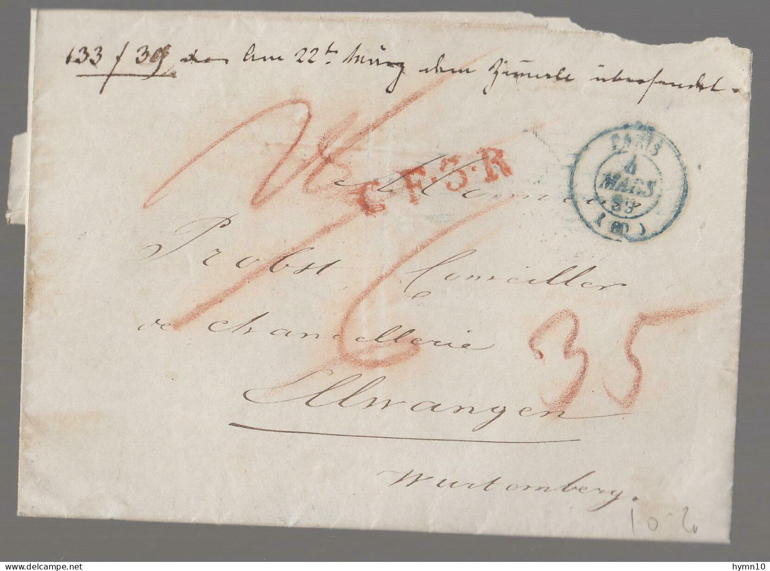 1853 Lettre INTERNATIONAL PARIS-ELWANGEN/BADEN+CF.3R Rouge+3 Tax-Vert PARIS-D67 - Non Classés