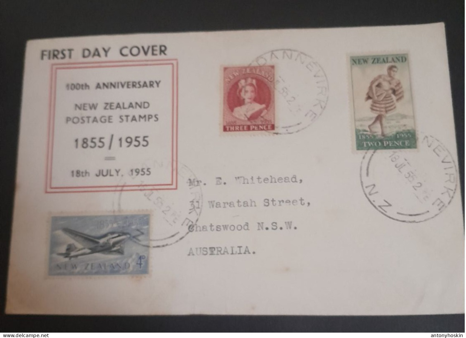 1855-1955 New Zealand Postage Stamps 100 Th Anniversary First Day Cover. - Brieven En Documenten