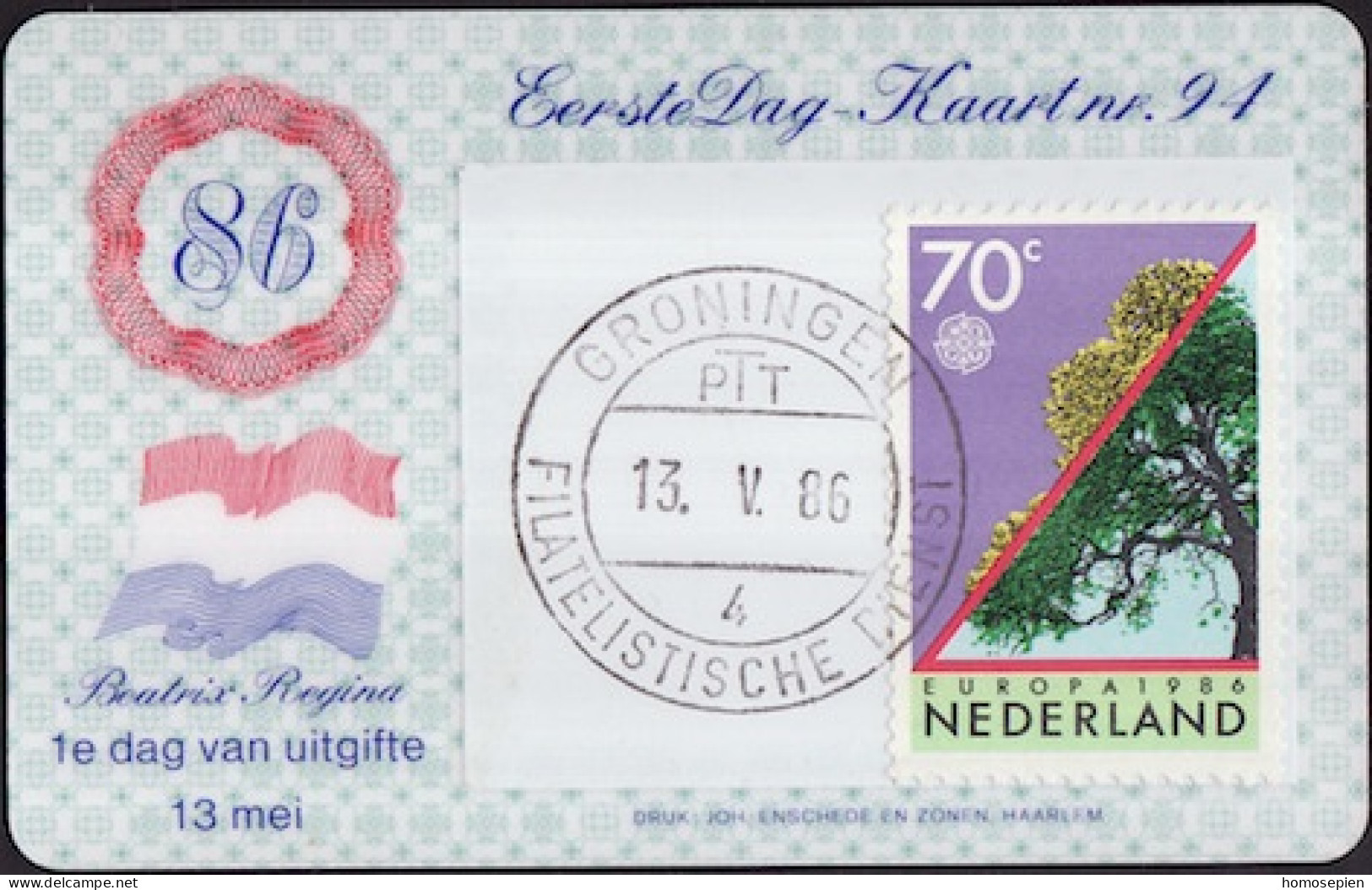 Pays Bas - Netherlands - Niederlande CPH 1986 Y&T N°1263 - Michel N°1293 - 70c EUROPA - Carte Philatélique - Maximum Cards