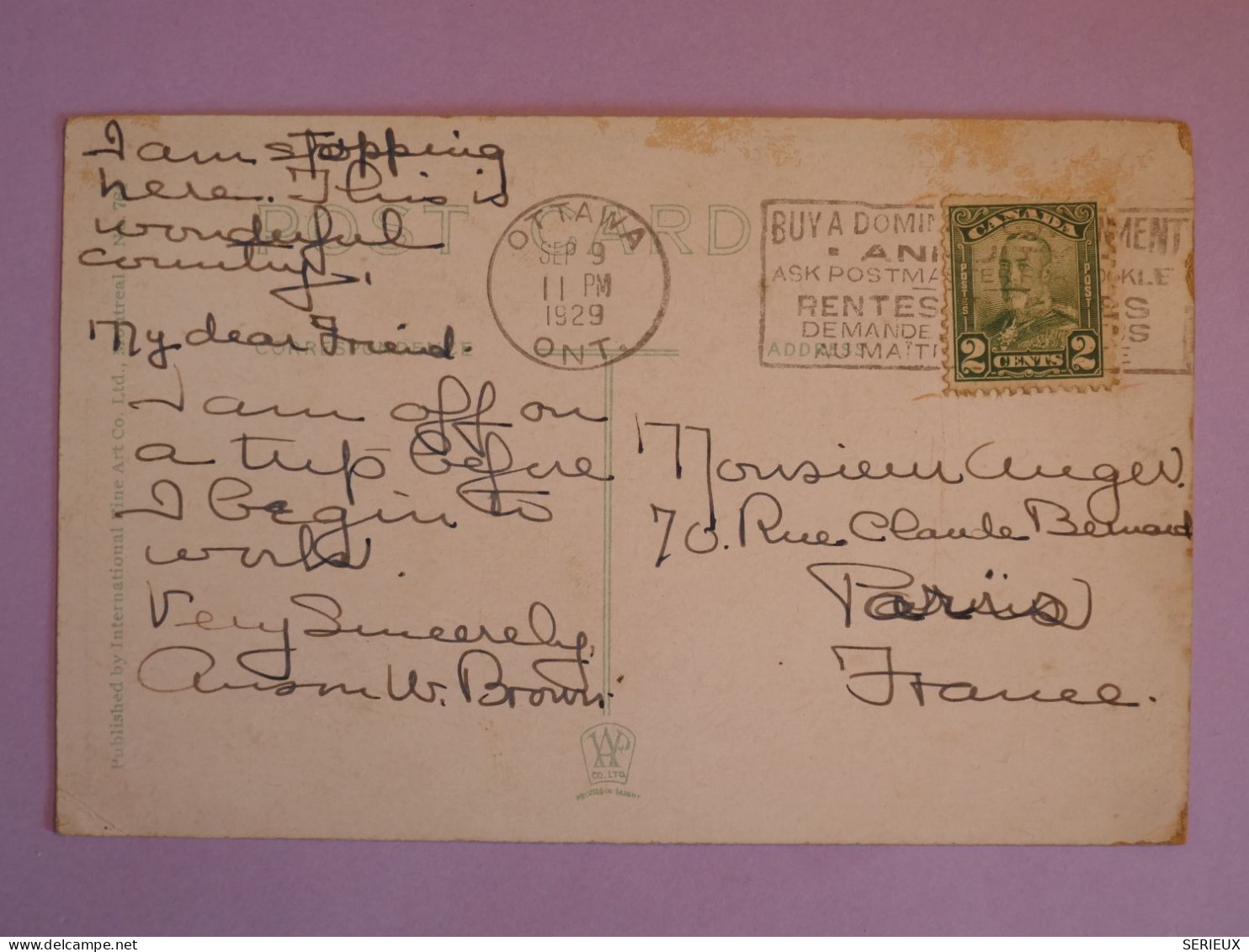 BX6 CANADA  BELLE  CARTE 1929 OTTAWA  A  PARIS  FRANCE++CHATEAU LAURIER +AFF. PLAISANT +++ + - Cartas & Documentos