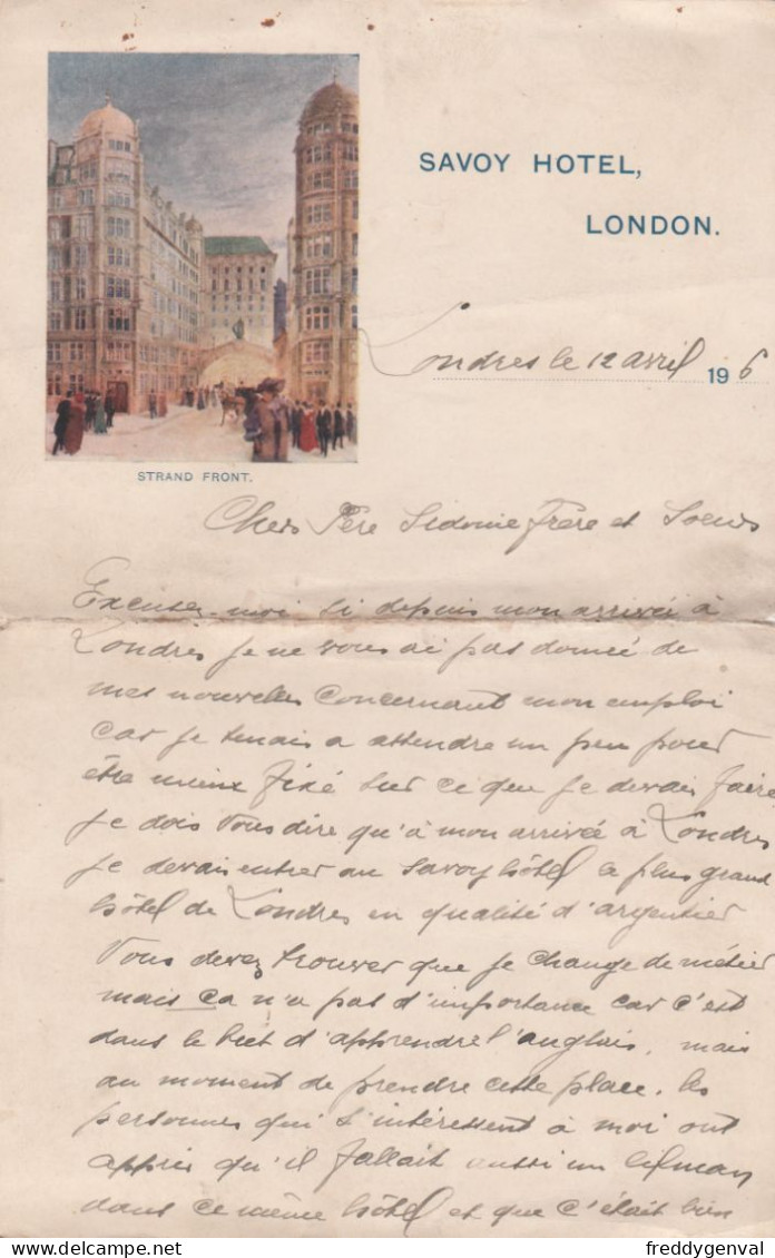 LONDON SAVOY HOTEL LETTRE EXPEDIEE SUR PAP[IER A LATTREV DUN SAVOY HOTEL - Reino Unido