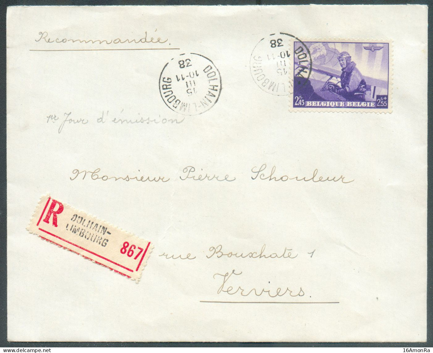 N°470 - 2Fr45 Roi LEOPOLD III Aviateur  Obl. Sc 1er Jour D'émission De DOLHAIN-LIMBOURG le 15-III-1938 Sur Lettre Recomm - Lettres & Documents