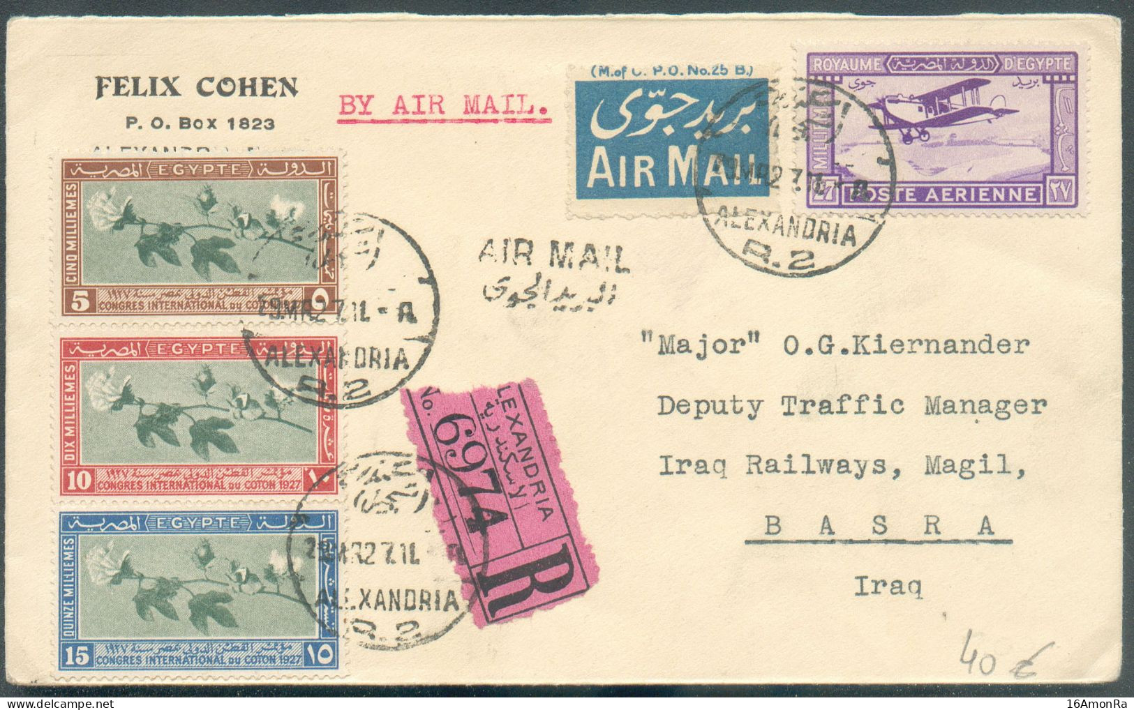 27pi PA. + Issue CONGRES INTERNATIONAL DU COTON 1927 Cacn. ALEXANDRIA On Regisetred Cover + Air Mail 29 March 1927 To Ba - Airmail