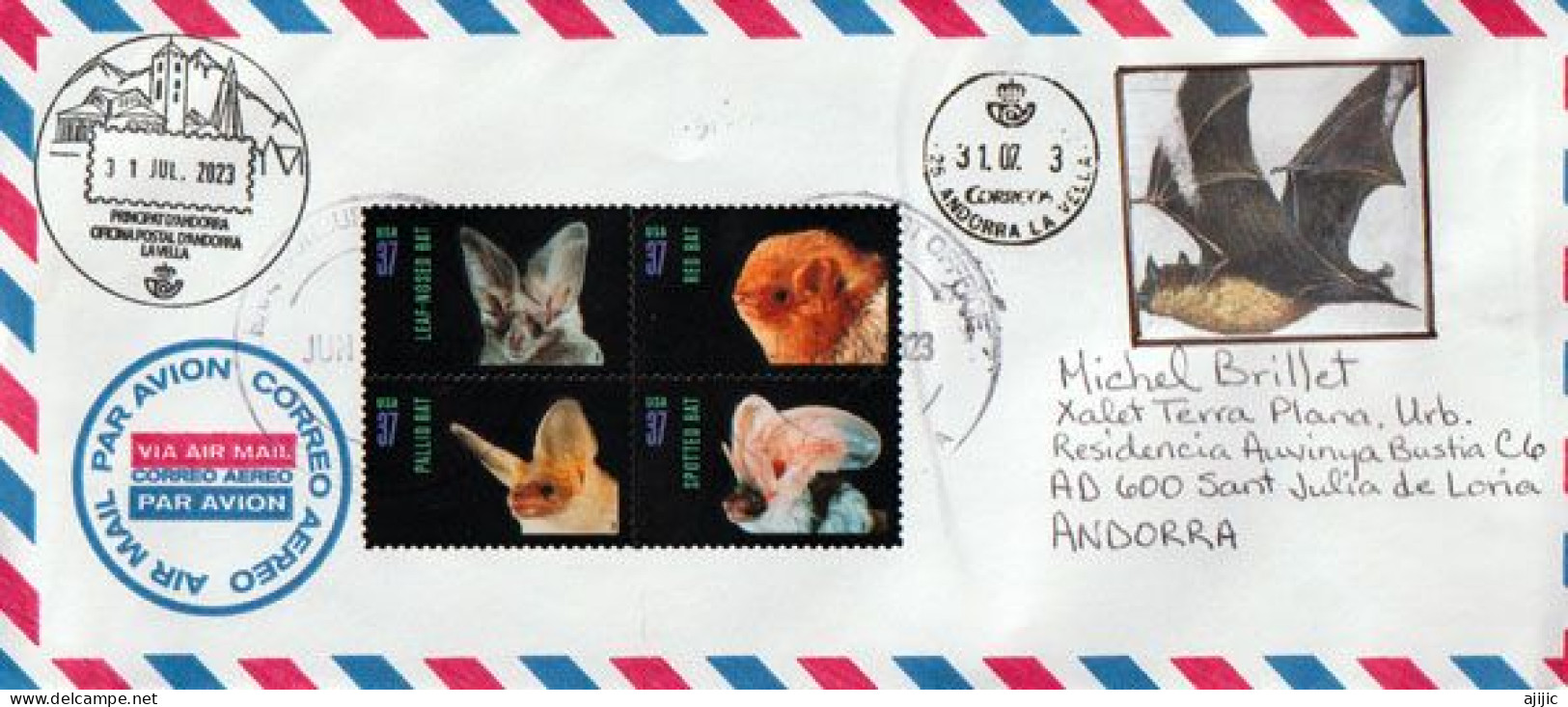 USA.Chauve-souris Tachetée,Chauve-souris Rouge,Chauve-souris Blonde,etc,sur Lettre 2023 Virginia à Andorra (Principat) - Fledermäuse