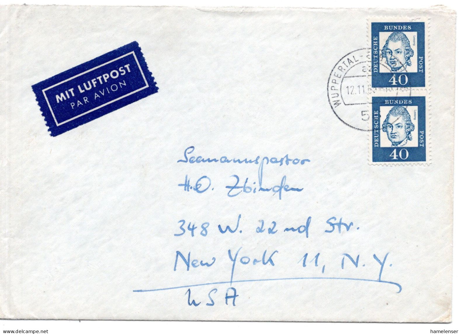 68841 - Bund - 1965 - 2@40Pfg Lessing A LpBf WUPPERTAL -> New York, NY (USA) - Covers & Documents