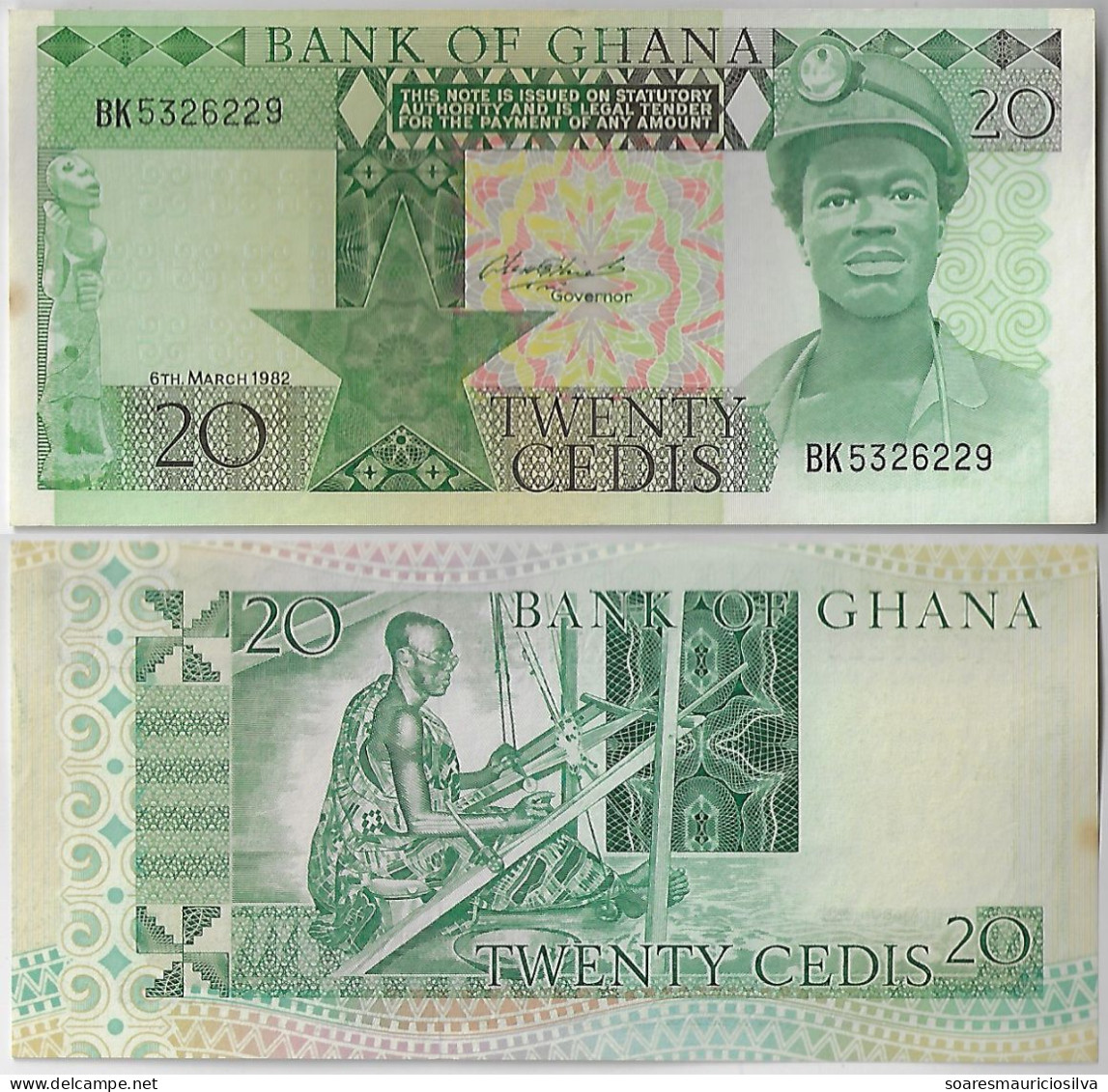 Banknote Ghana 20 Cedis 1982 Pick-21c Uncirculated With Yellowish Spot - Ghana