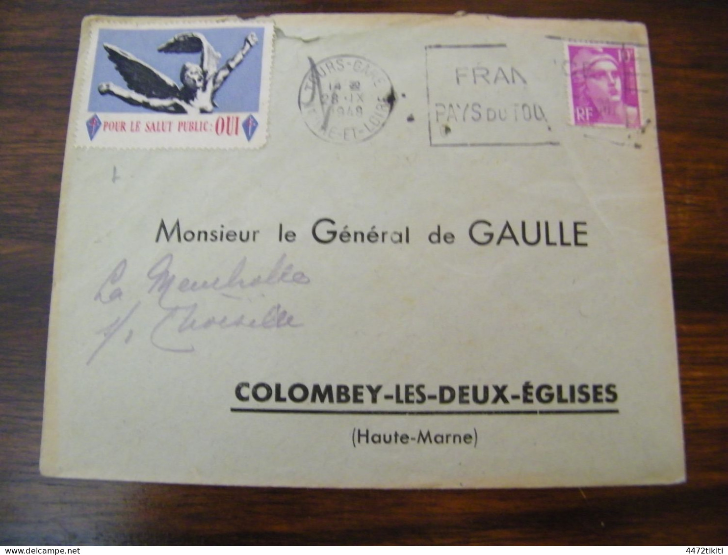 Lettre Général Charles De Gaulle à Colombey Les Deux Eglises  - Vignette Pour Le Salut Public : Oui - 1948 - SUP (HL 86) - De Gaulle (Général)