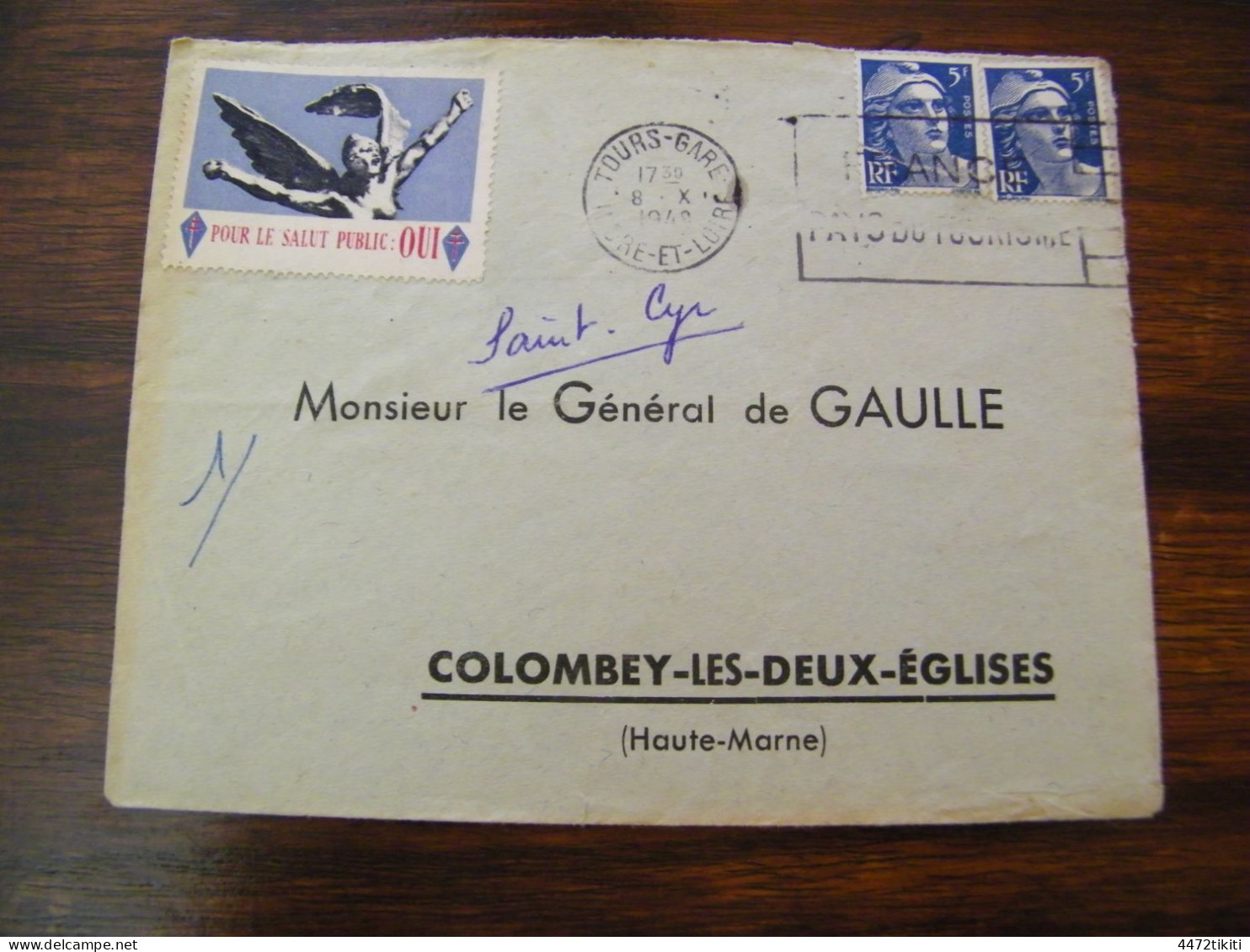 Lettre Général Charles De Gaulle à Colombey Les Deux Eglises  - Vignette Pour Le Salut Public : Oui - 1948 - SUP (HL 87) - De Gaulle (Général)