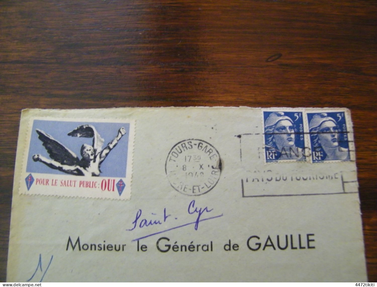 Lettre Général Charles De Gaulle à Colombey Les Deux Eglises  - Vignette Pour Le Salut Public : Oui - 1948 - SUP (HL 87) - De Gaulle (Général)