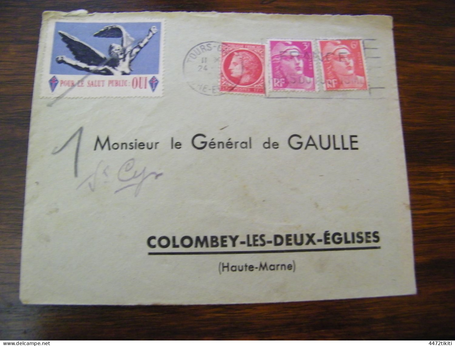 Lettre Général Charles De Gaulle à Colombey Les Deux Eglises  - Vignette Pour Le Salut Public : Oui - 1948 - SUP (HL 89) - De Gaulle (Général)