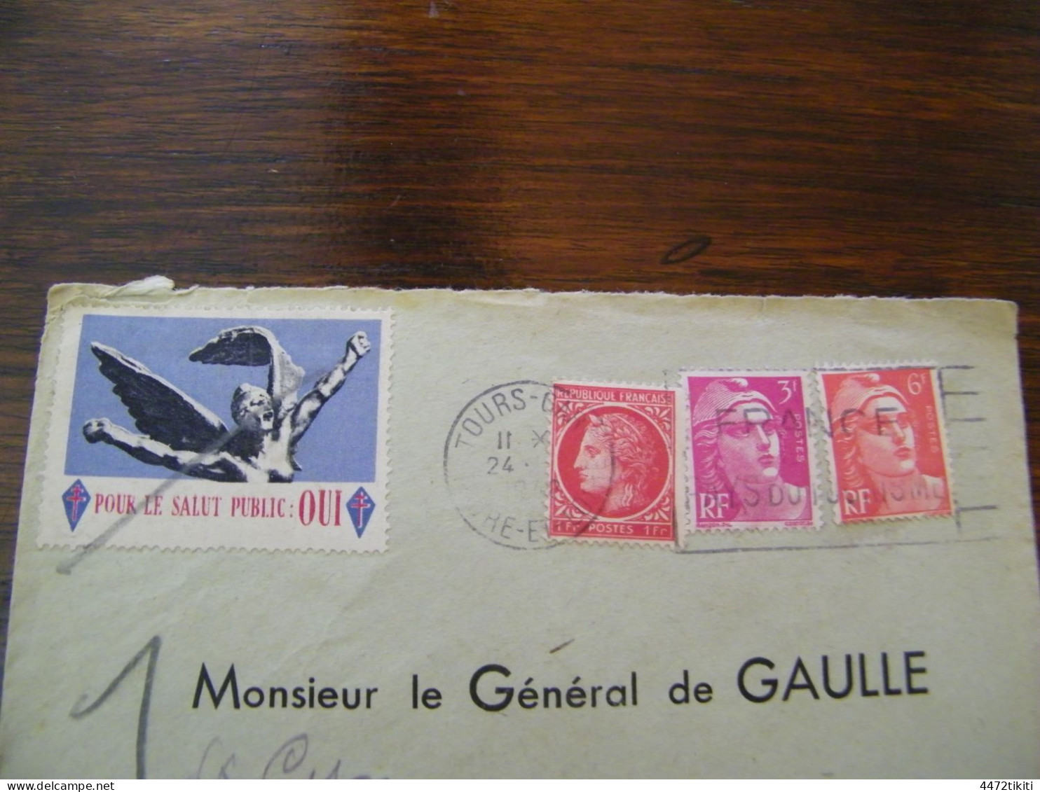 Lettre Général Charles De Gaulle à Colombey Les Deux Eglises  - Vignette Pour Le Salut Public : Oui - 1948 - SUP (HL 89) - De Gaulle (Général)