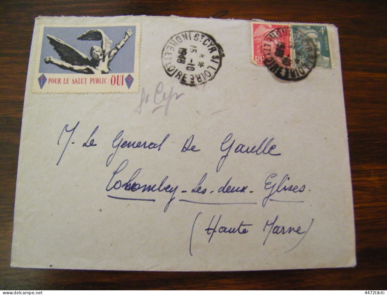 Lettre Général Charles De Gaulle à Colombey Les Deux Eglises  - Vignette Pour Le Salut Public : Oui - 1948 - SUP (HL 90) - De Gaulle (Général)