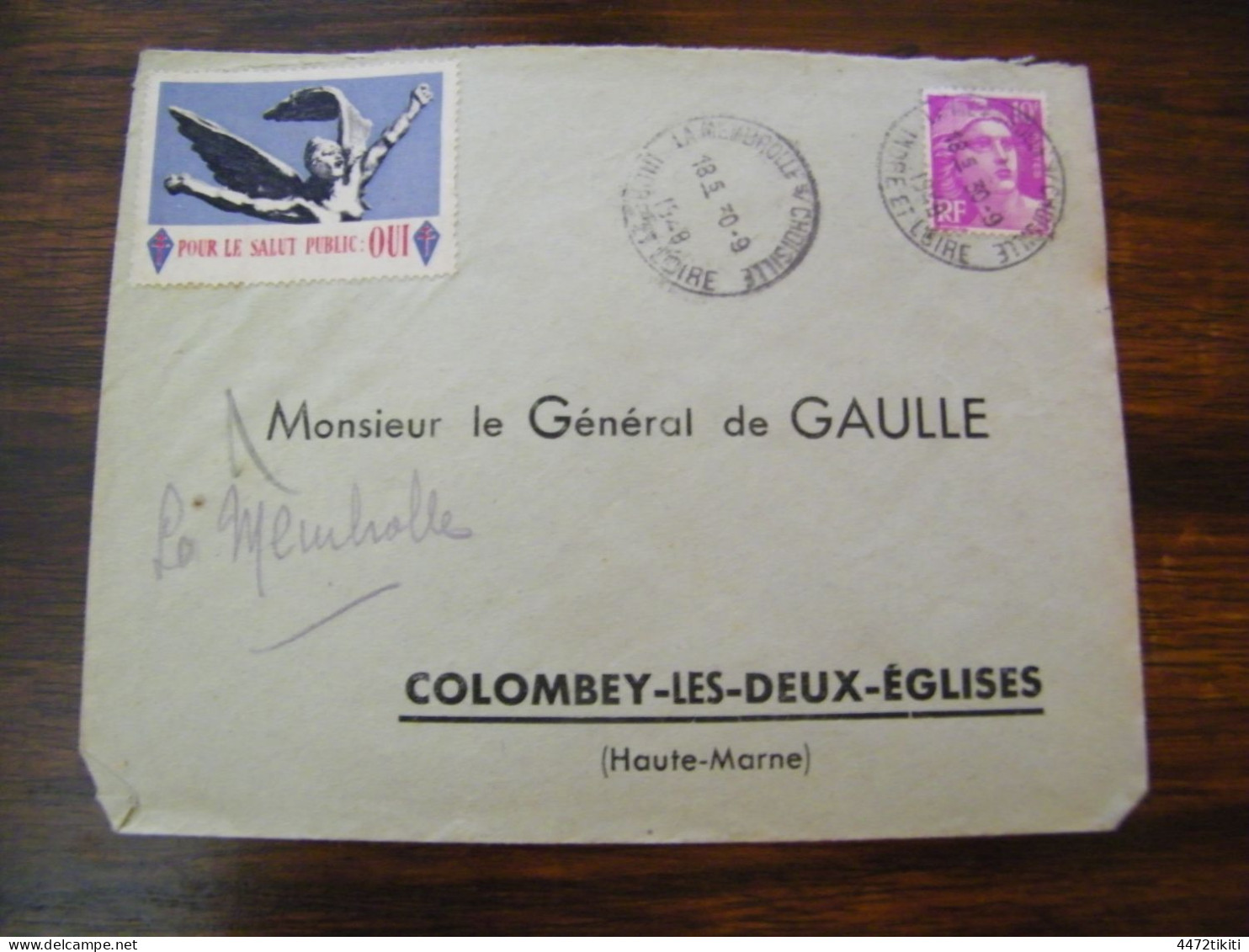 Lettre Général Charles De Gaulle à Colombey Les Deux Eglises  - Vignette Pour Le Salut Public : Oui - 1948 - SUP (HL 92) - De Gaulle (Général)