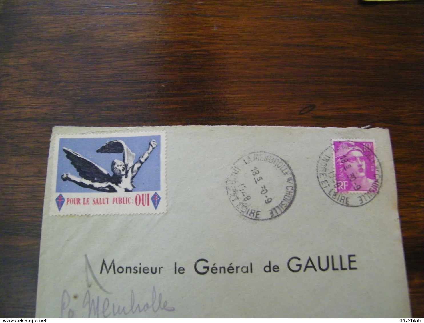 Lettre Général Charles De Gaulle à Colombey Les Deux Eglises  - Vignette Pour Le Salut Public : Oui - 1948 - SUP (HL 92) - De Gaulle (Général)