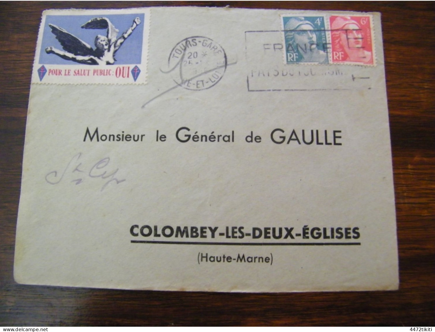 Lettre Général Charles De Gaulle à Colombey Les Deux Eglises  - Vignette Pour Le Salut Public : Oui - 1948 - SUP (HL 93) - De Gaulle (Général)