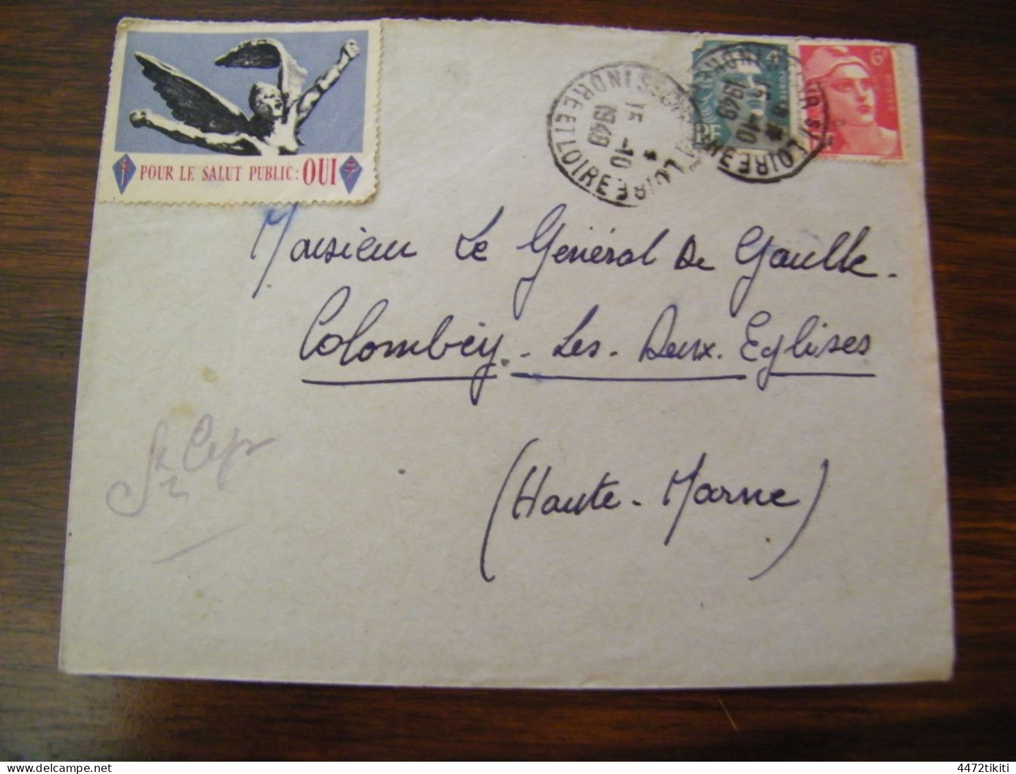 Lettre Général Charles De Gaulle à Colombey Les Deux Eglises  - Vignette Pour Le Salut Public : Oui - 1948 - SUP (HL 94) - De Gaulle (Général)