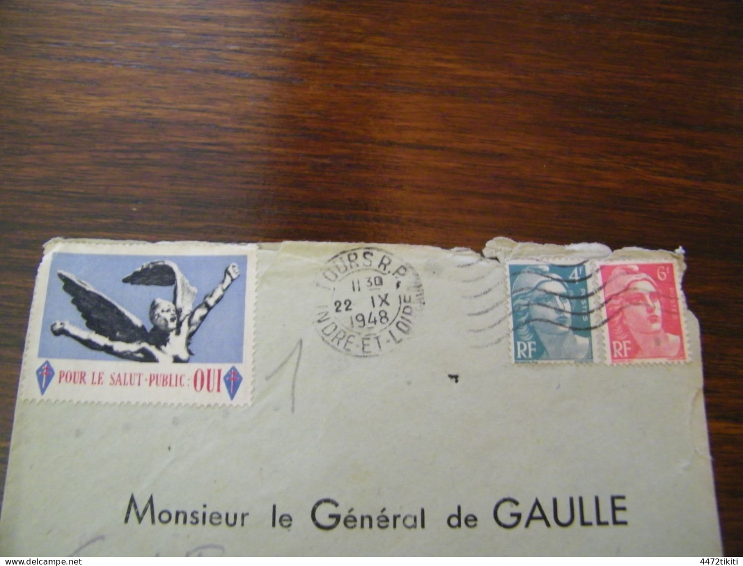 Lettre Général Charles De Gaulle à Colombey Les Deux Eglises  - Vignette Pour Le Salut Public : Oui - 1948 - SUP (HL 95) - De Gaulle (Général)