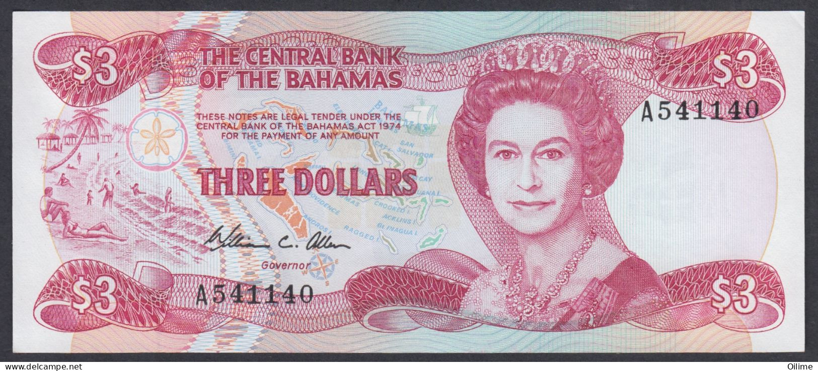 BAHAMAS 1974 QUEEN ELIZABETH II. 3 DOLLARS. UNC PICK 44 - Bahama's