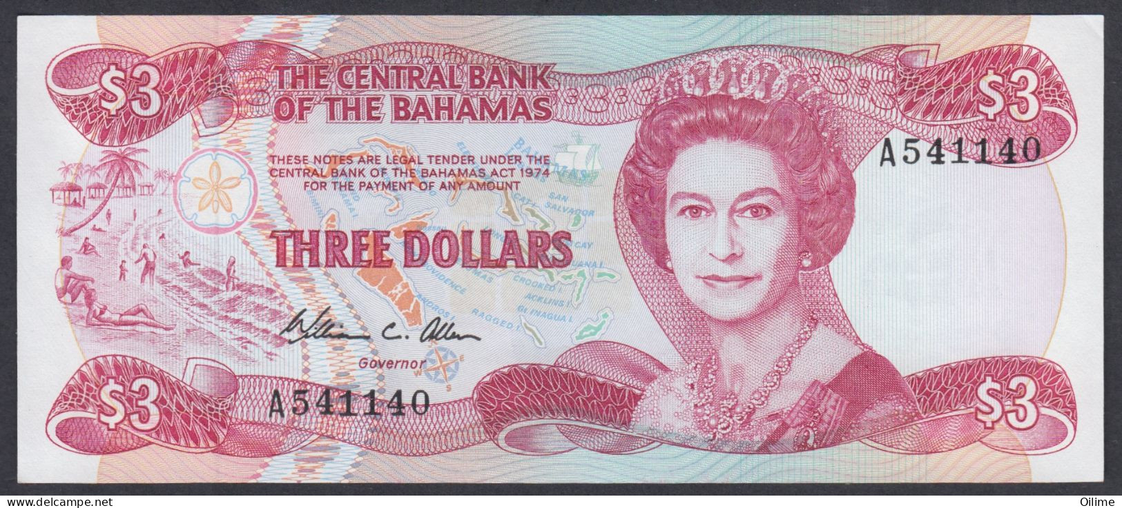 BAHAMAS 1974 QUEEN ELIZABETH II. 3 DOLLARS. UNC PICK 44 - Bahamas