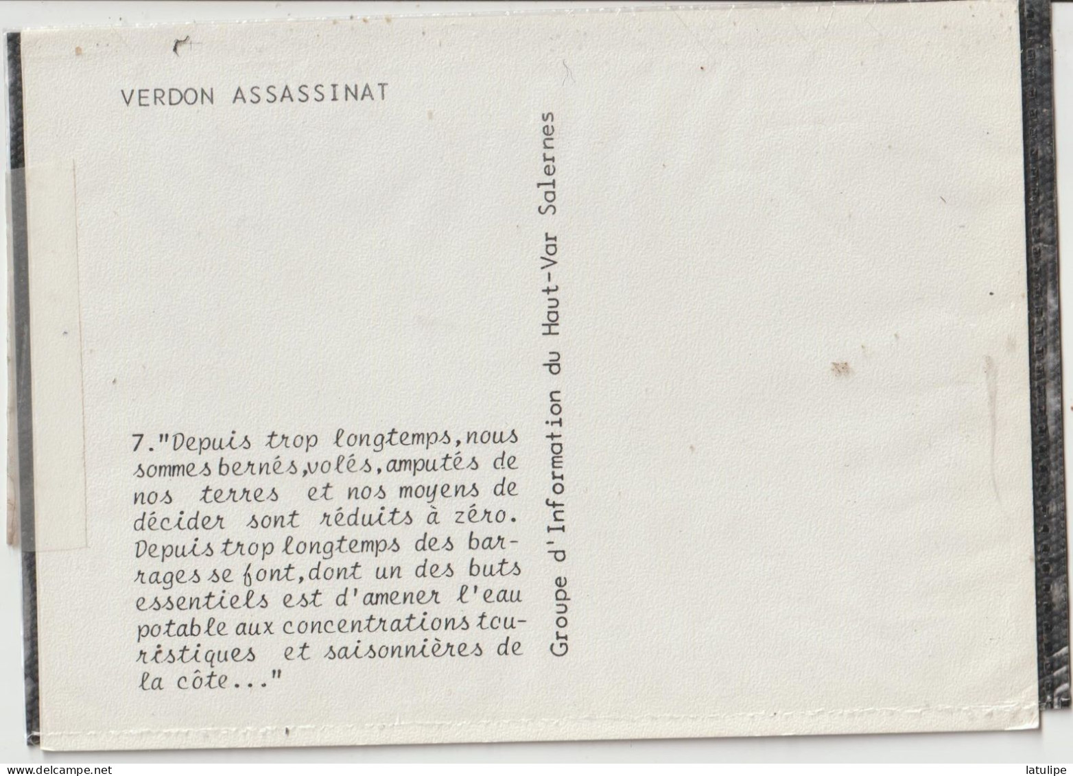 Verdon  83  Format  Carte Postale G I H V...Verdon Assassinat Voir Scan Verso - Salernes