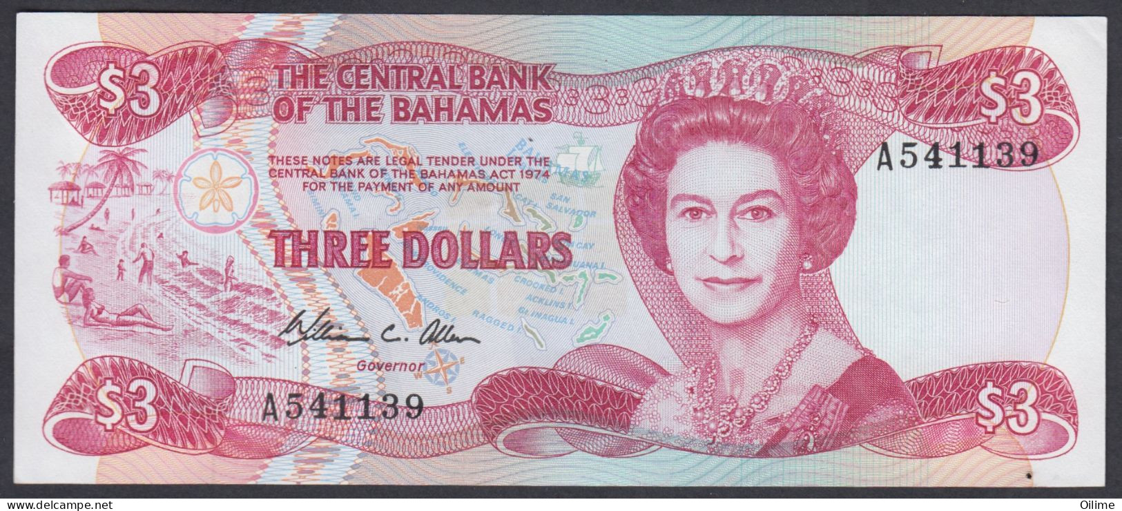 BAHAMAS 1974 QUEEN ELIZABETH II. 3 DOLLARS. UNC PICK 44 - Bahama's