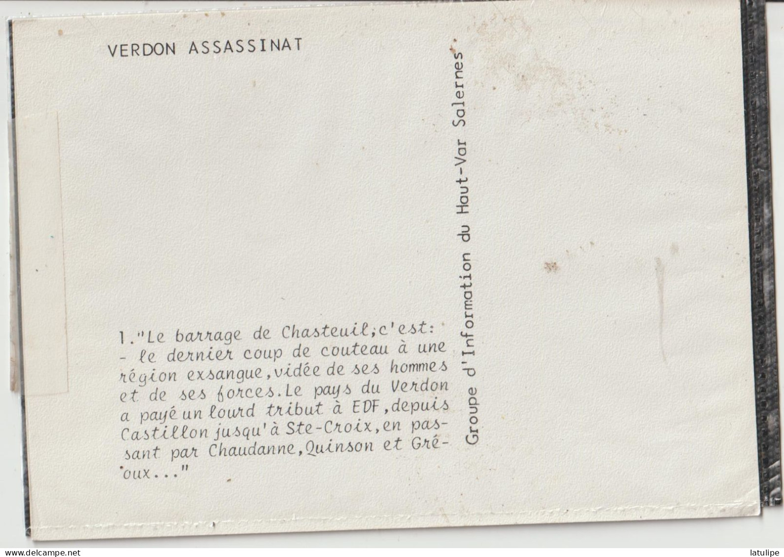 Verdon  83  Format Carte Postale G I H V...Verdon Assassinat Voir Scan Verso - Salernes