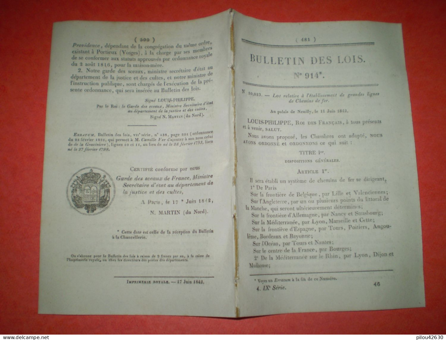 Bulletin Des Lois :Chemin De Fer :Paris Belgique,Allemagne,Marseille,Espagne,Océan..Essai Télégraphe De Nuit.Soeurs Mor - Decreti & Leggi