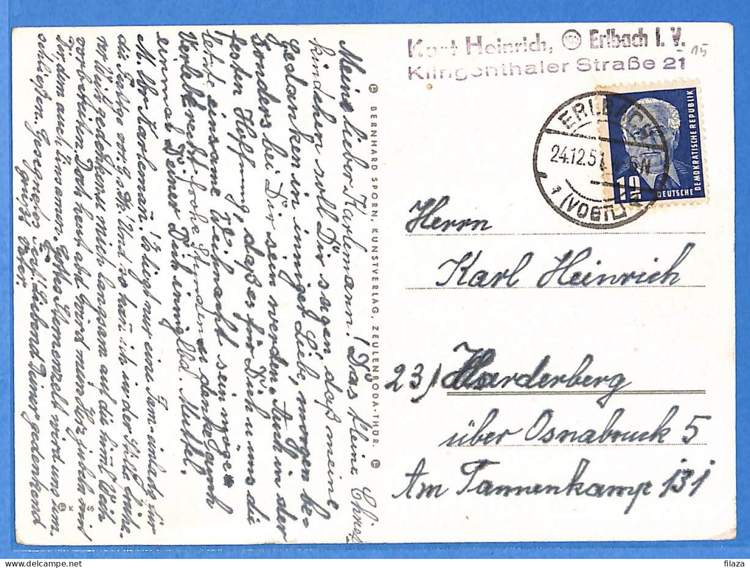 Allemagne DDR 1951 Carte Postale De Erlback (G21375) - Covers & Documents