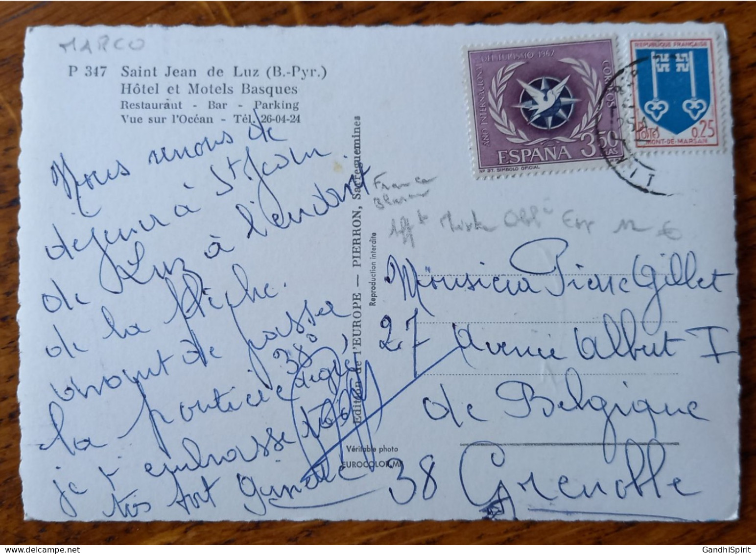 Affranchissement Mixte Espagne-France Blason Mont De Marsan Oblitéré En Espagne Taxe Manuscrite Pour Grenoble - 1941-66 Coat Of Arms And Heraldry