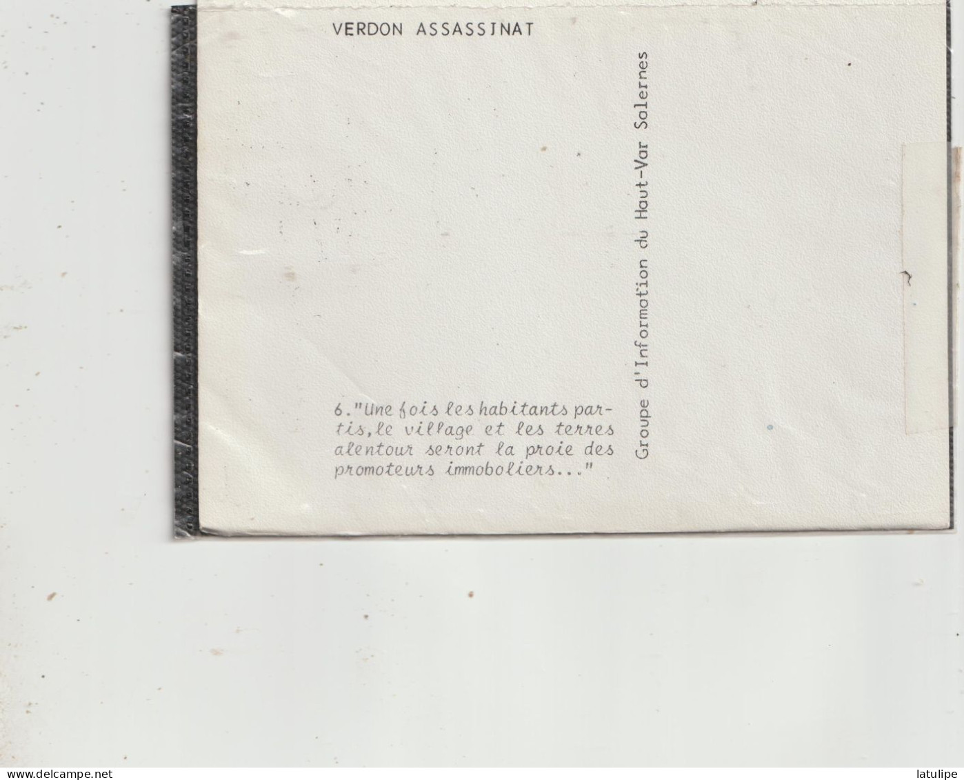 Verdon  83  Format Carte Postale G I H V...Verdon Assassinat Voir Scan Verso - Salernes