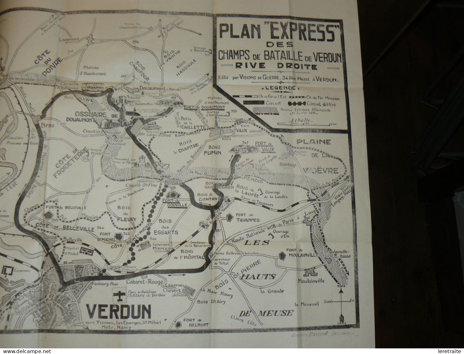 Plan Express Des Champs De Bataille De Verdun, Circuit Des Forts Rive Droite De La Meuse. Publicité Au Dos De L'hôtel Co - Europe