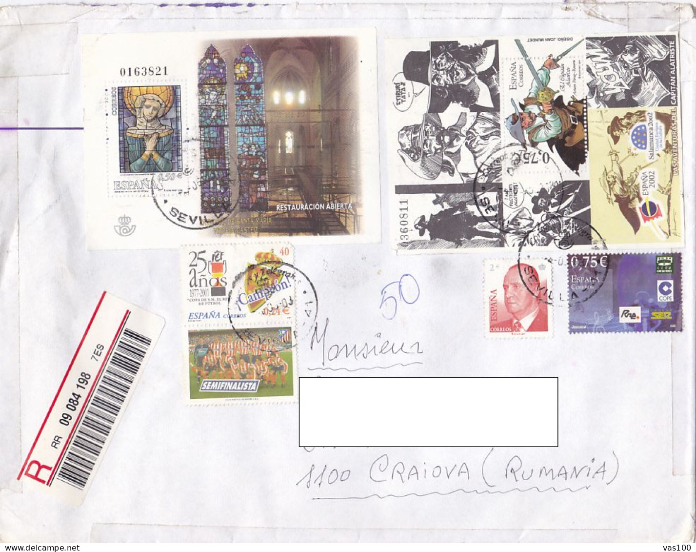 SANTA MARIA CATHEDRAL, SOCCER, COMICS, YOUTH PHILATELIC EXHIBITION, STAMPS ON REGISTERED COVER, 2003, SPAIN - Briefe U. Dokumente