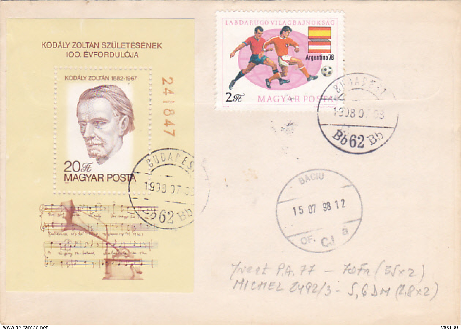 SPACE, COSMOS, KODALY ZOLTAN, SOCCER, STAMPS ON COVER, 1998, HUNGARY - Lettres & Documents