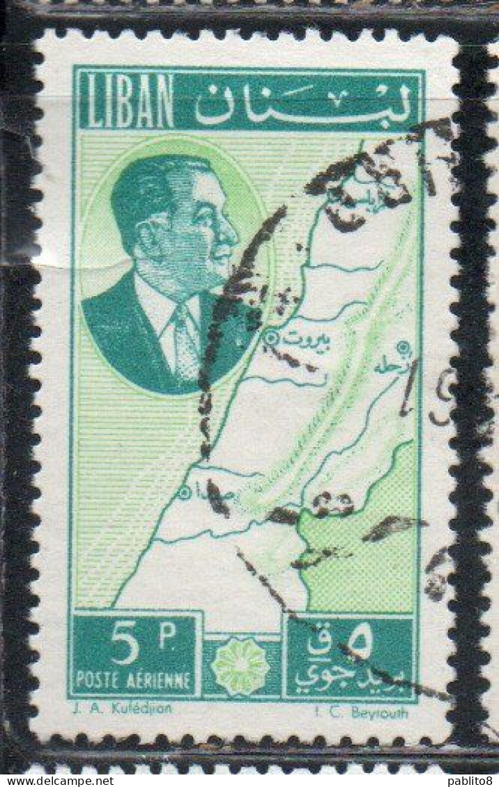 LIBANO LEBANON LIBAN 1961 AIR POST MAIL AIRMAIL PRESIDENT CHEHAB AND MAP 5p USED USATO OBLITERE' - Lebanon