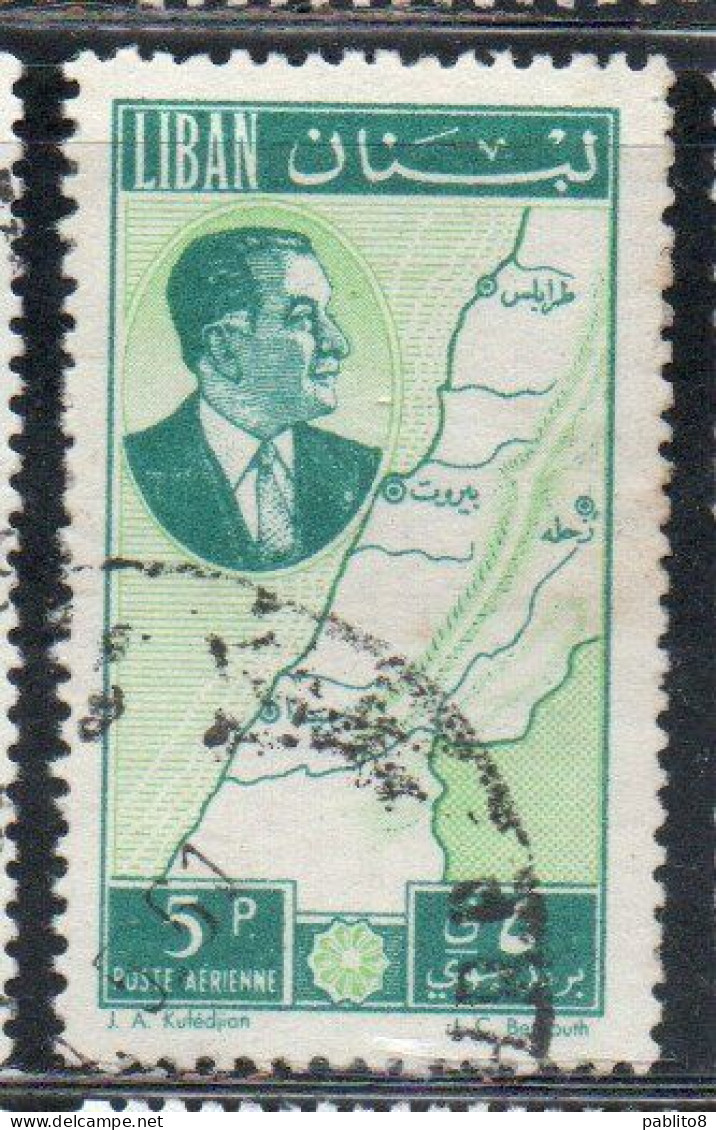 LIBANO LEBANON LIBAN 1961 AIR POST MAIL AIRMAIL PRESIDENT CHEHAB AND MAP 5p USED USATO OBLITERE' - Lebanon