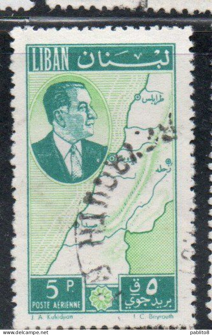 LIBANO LEBANON LIBAN 1961 AIR POST MAIL AIRMAIL PRESIDENT CHEHAB AND MAP 5p USED USATO OBLITERE' - Lebanon
