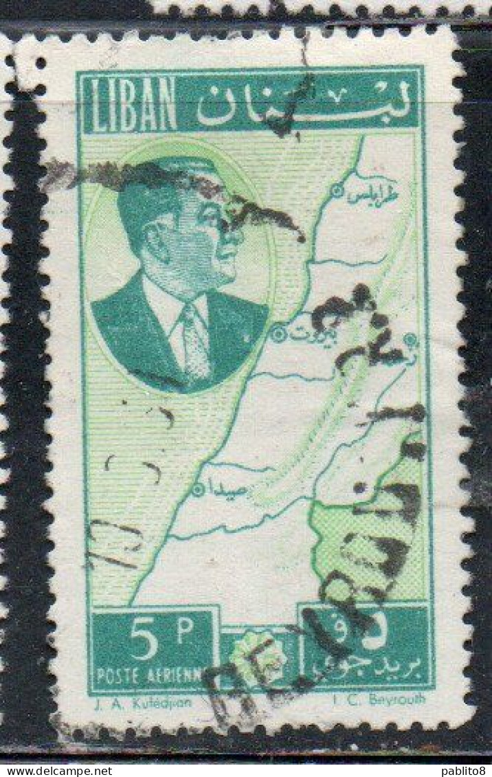 LIBANO LEBANON LIBAN 1961 AIR POST MAIL AIRMAIL PRESIDENT CHEHAB AND MAP 5p USED USATO OBLITERE' - Lebanon