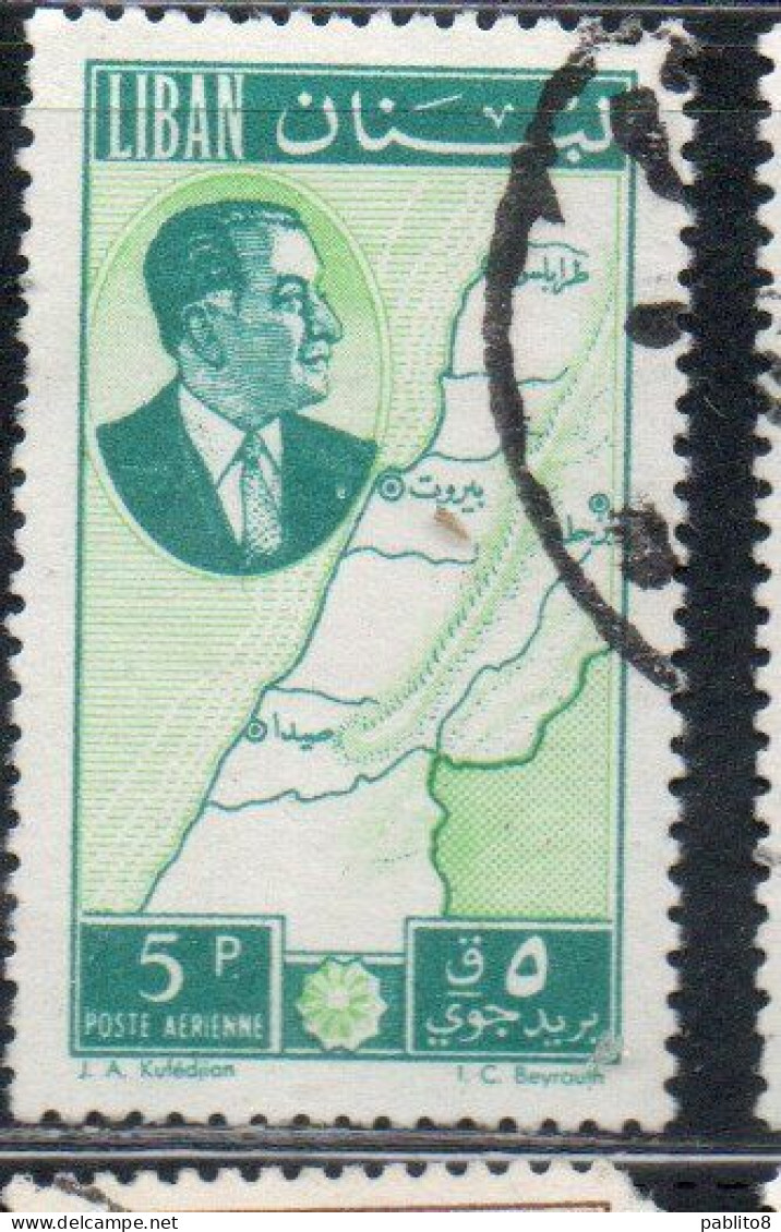 LIBANO LEBANON LIBAN 1961 AIR POST MAIL AIRMAIL PRESIDENT CHEHAB AND MAP 5p USED USATO OBLITERE' - Lebanon