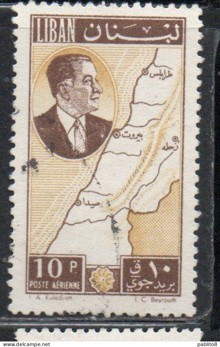 LIBANO LEBANON LIBAN 1961 AIR POST MAIL AIRMAIL PRESIDENT CHEHAB AND MAP 10p USED USATO OBLITERE' - Lebanon