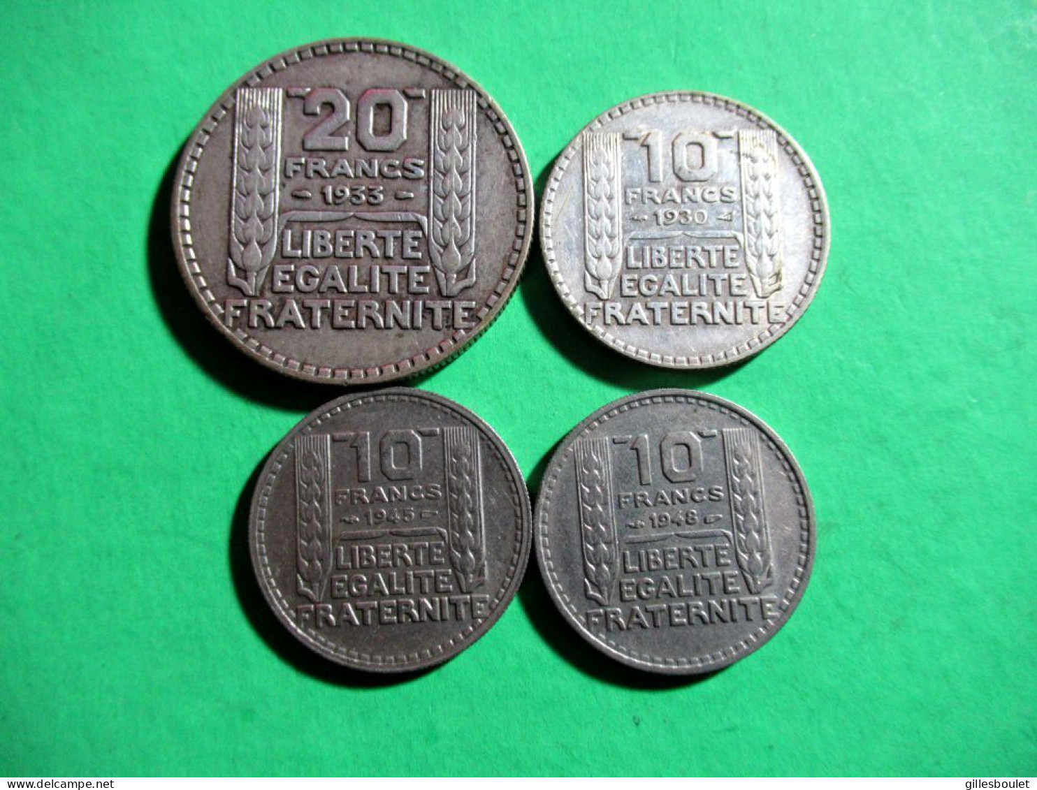 Groupe 4 Pièces Dont Rare 10 Francs 1945 (rameaux Courts) SUP. 2 En Argent: 20fr, 1933, 10fr. 1930 Et 10fr.1948. - 10 Francs