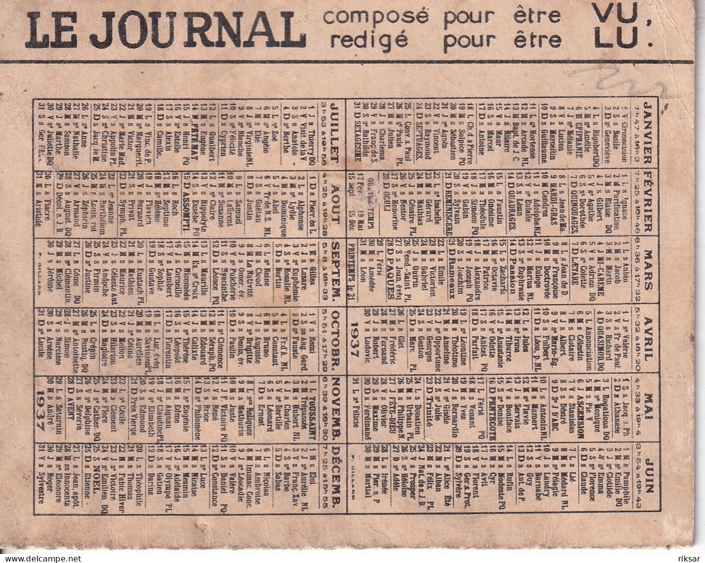 CALENDRIER(1937) LE JOURNAL(SYSTEME) - Petit Format : 1921-40